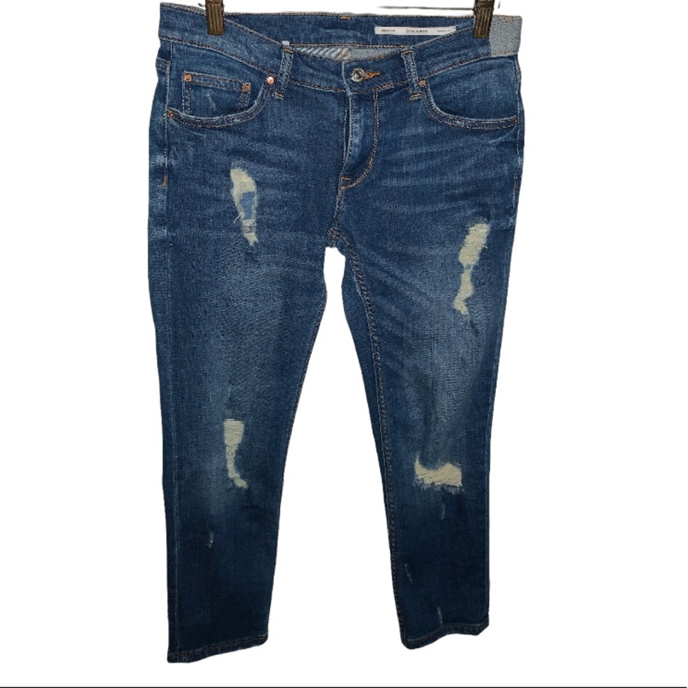 Zara Woman Medium Rise Relaxed Fit Distressed Jeans